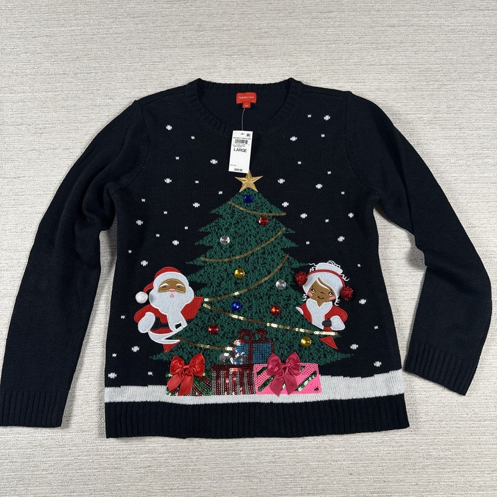 Christmas Ugly Sweater Womens L Santa Mrs Claus Tree Sequin Pom Pom NWT Holiday